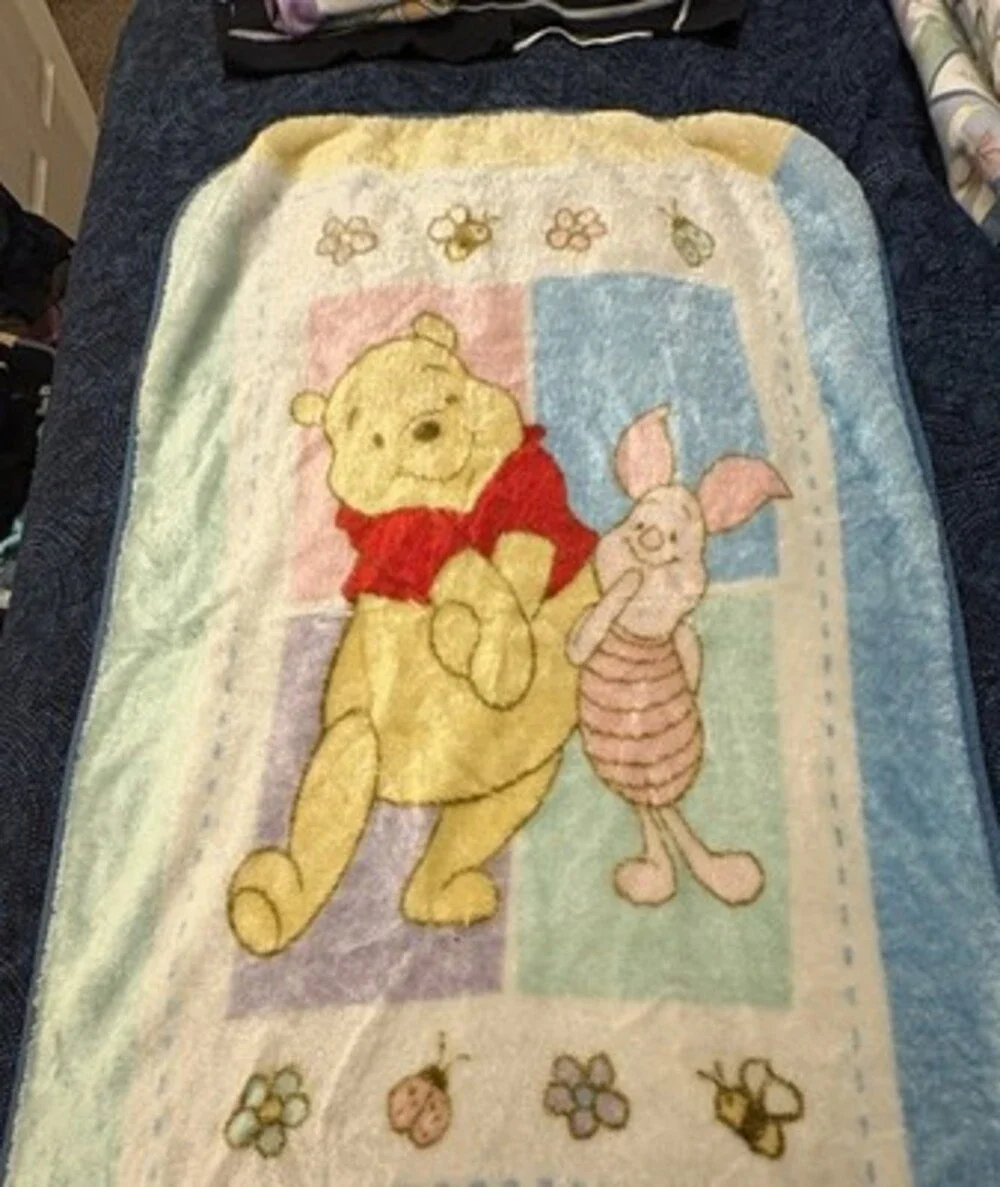 Vintage Rare Disney Winnie the Pooh & Piglet Blanket Throw, Blue Multicolor